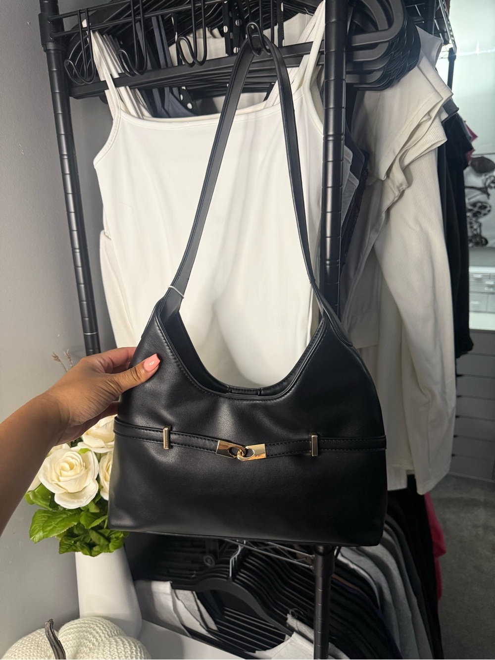 Classic Black Shoulder Bag with Gold Accent